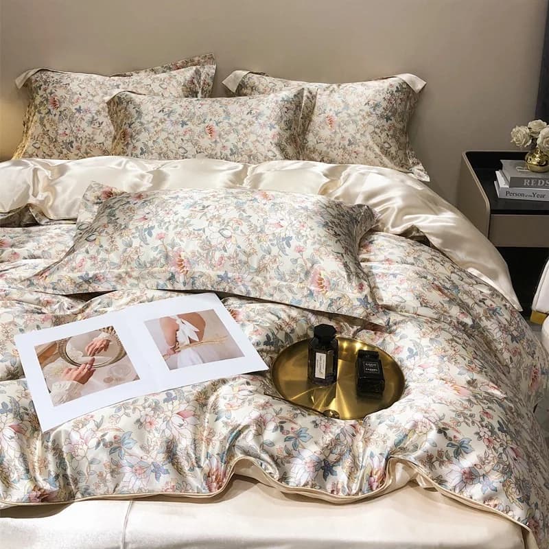 4Pcs Luxury Satin Duvet Cover Set Florals Printed Mulberry Blending Bedding Set with Sheets High-end Smooth Bedding Sets,