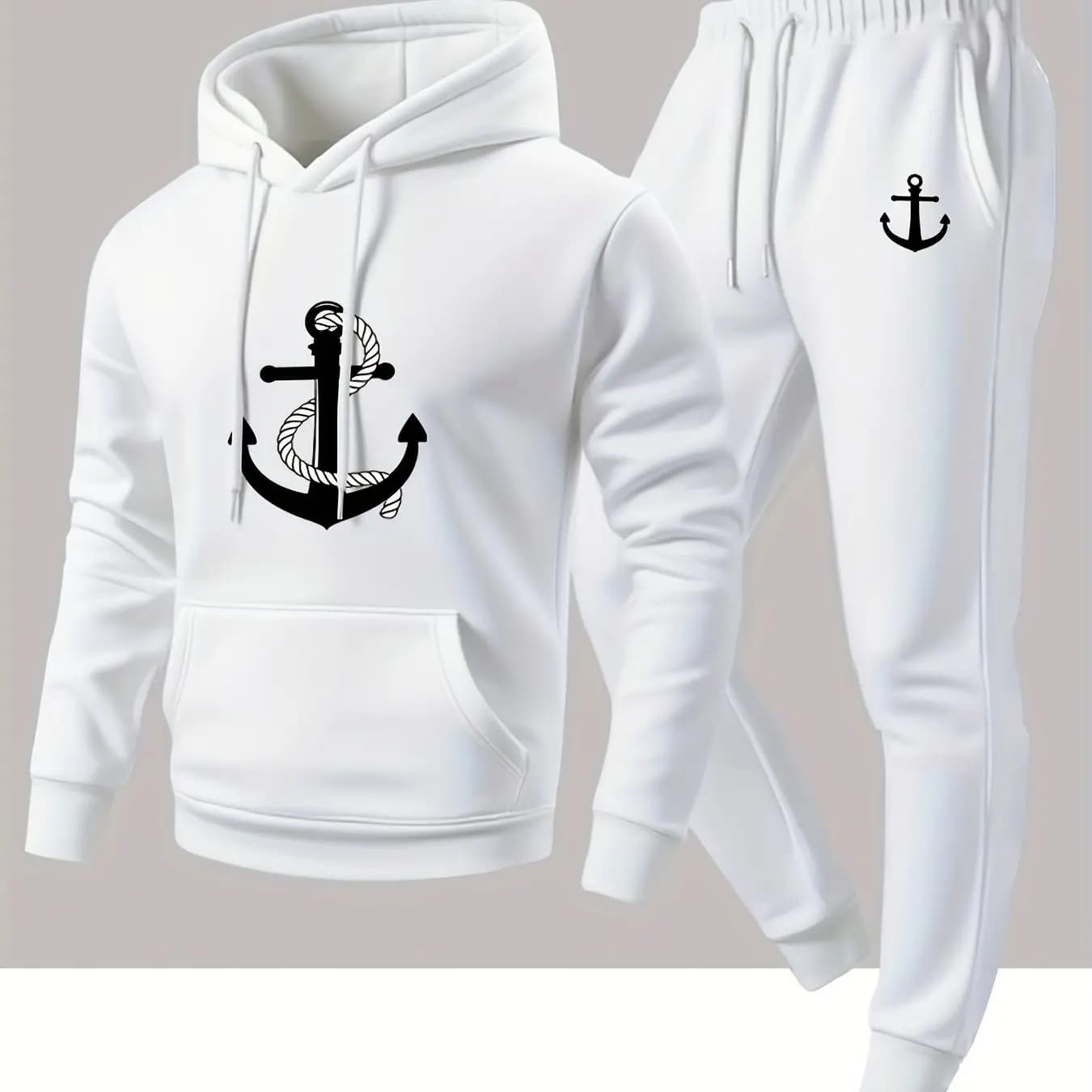 Men's stylish hooded boat anchor print hoodie and pants sports outfit, casual trendy navy style two-piece set