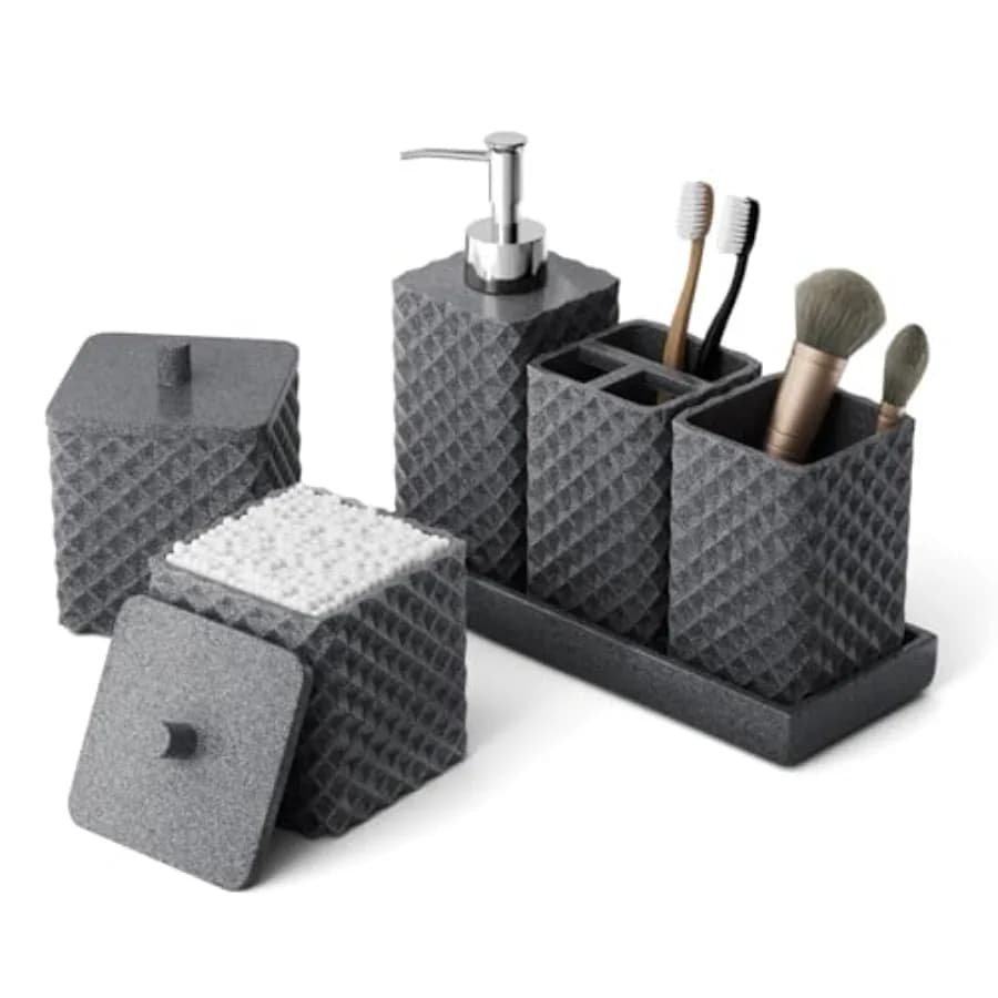 Set di Accessori per il Bagno in Resina, 6 Pezzi, Portaspazzolini Quadrati, Set Completo con Dispenser Sapone, Vassoio, Bicchieri e Portaoggetti