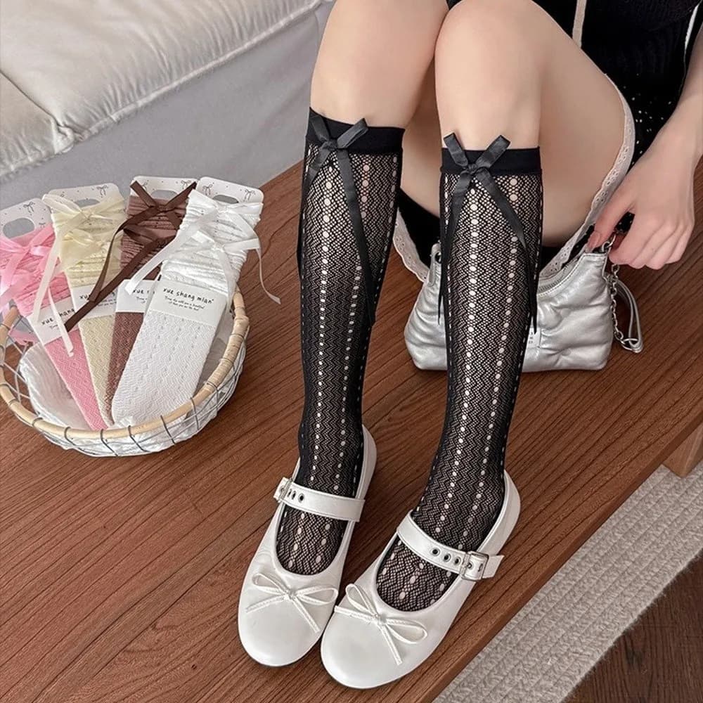 Sexy Hollow Lace Lace Calf Socks Bowknot Detail Thin Lolita Socks High Elastic Sexy JK Long Stocking Daily Wear