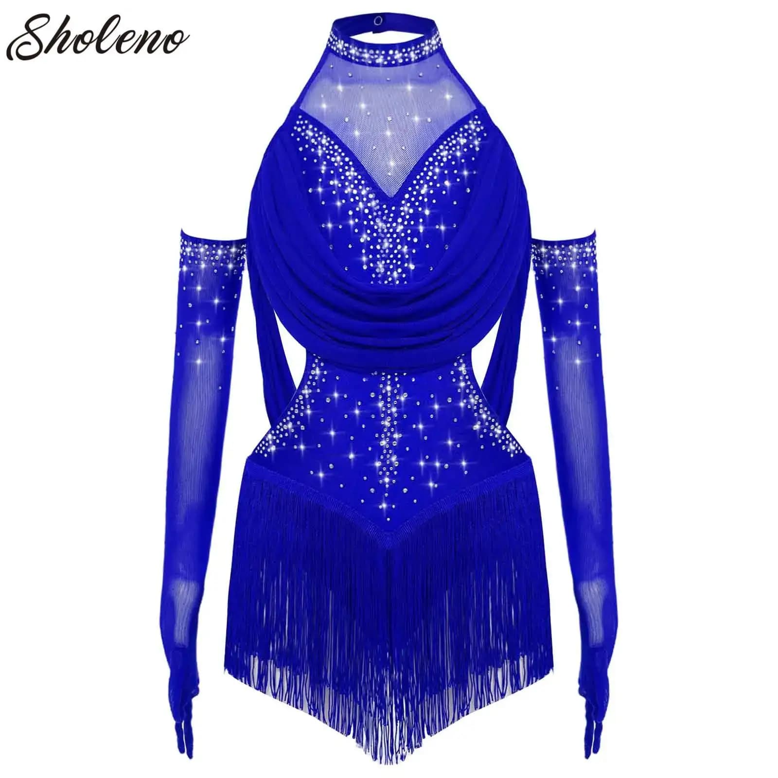 Costume da ballo latino per ragazze Body con nappe Vestito da pattinaggio di figura Cha-cha Samba Costume da tango Body in rete increspata con set di guanti