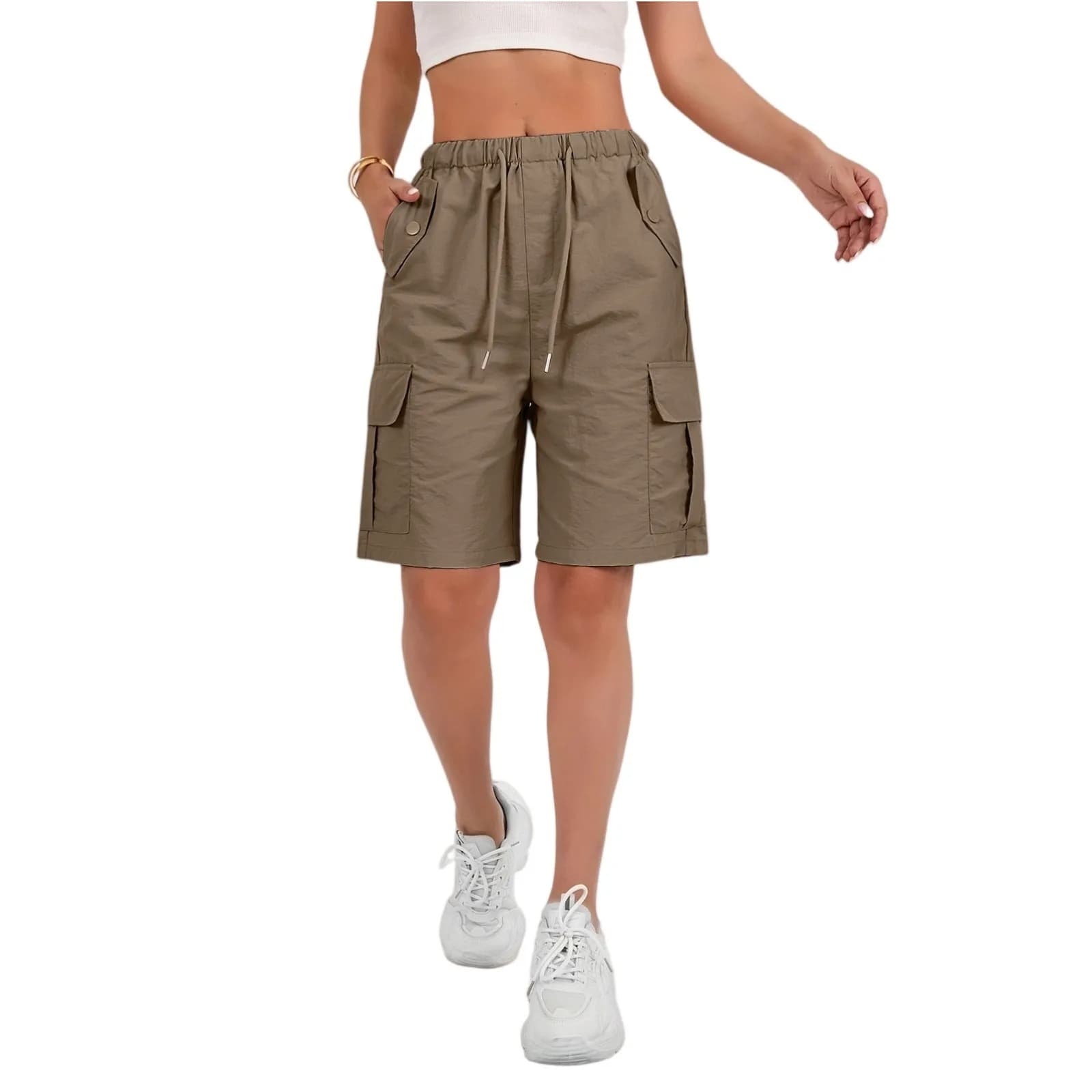 Bermuda Shorts For Women Cargo Shorts Knee Length 6 Pockets Elastic Waist Long Shorts For Summer Casual Ropa Mujer Traf