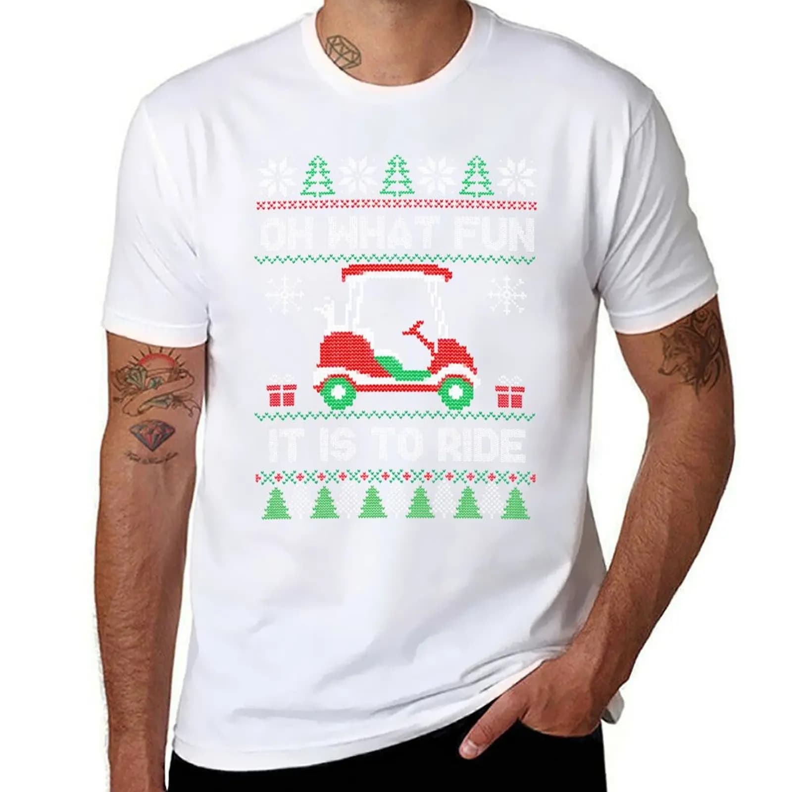 Oh, che divertimento guidare un divertente golf cart! Maglietta leggera da lavoro a tema Natale, golf e golfisti, stile maglione natalizio divertente.