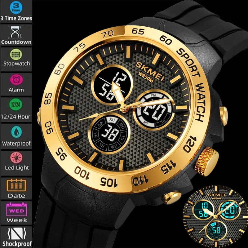 Skmei Orologi sportivi con display digitale analogico per uomo Tre fusi orari 50M Cronografo da nuoto impermeabile a LED Sveglia da uomo