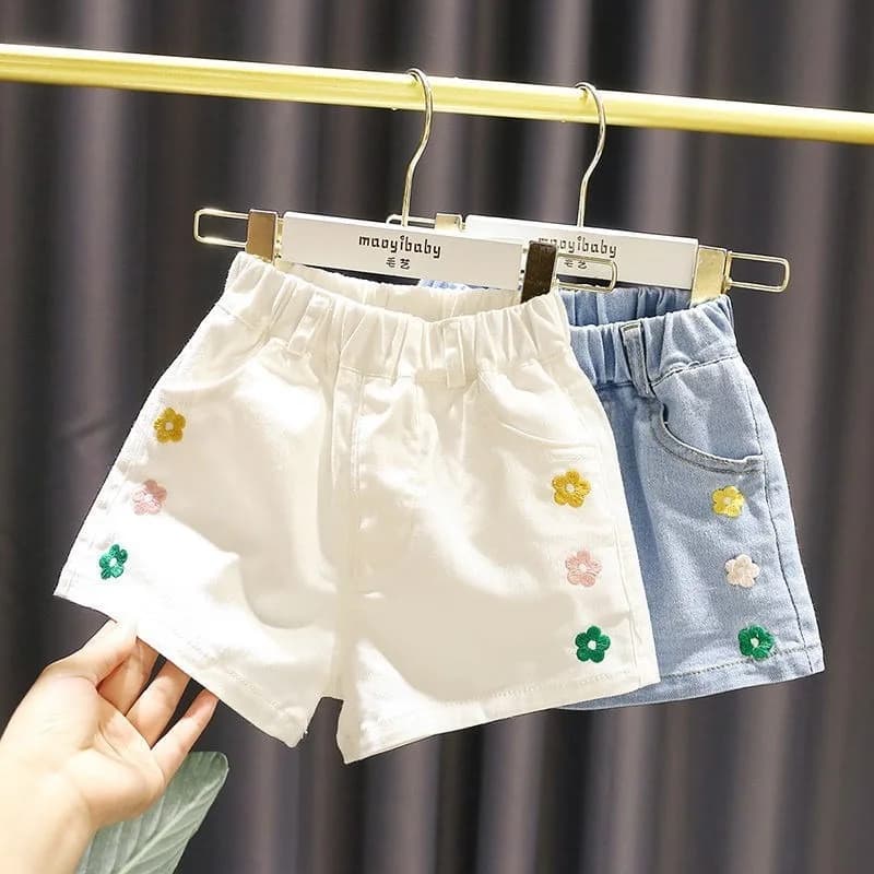 Nuovi Pantaloncini Estivi alla Moda per Bambini, Jeans Casual con Elastico e Fiori Ricamati, Traspiranti e Comodi