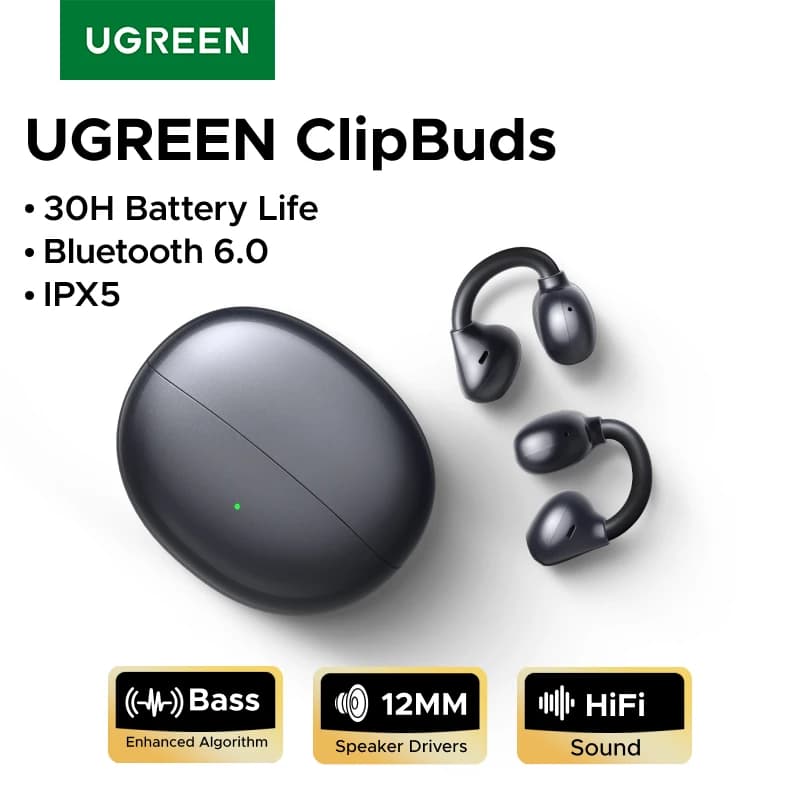 UGREEN ClipBuds Cuffie wireless open-ear Bluetooth 6.0 con 4 microfoni Chiamate chiare, Auricolari Clip on Auricolari 30 ore di riproduzione