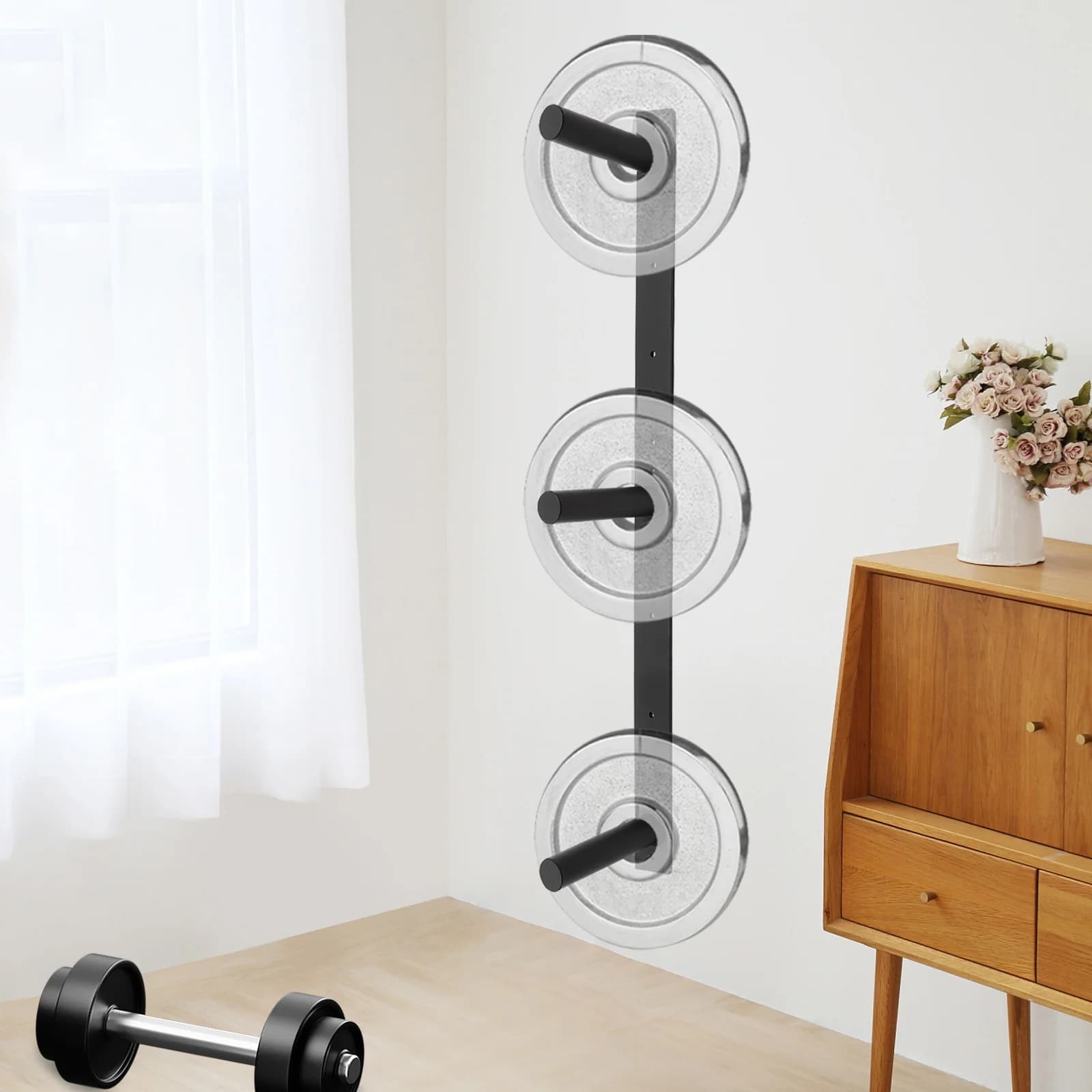Black Weight Plate Storage Rack wITH 3 Pegs, Wall Mounted Weight Plate Holder, Bumper Plate Storage For Home Gym