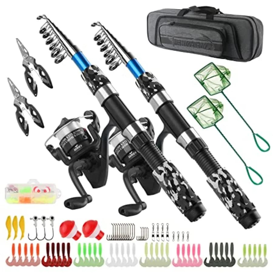 Set Canna da Pesca e Mulinello Pieghevole 2 Pezzi Canna Telescopica + 2 Mulinelli Spinning + Esche e Ami + Borsa Porta Attrezzatura + Accessori da Pesca