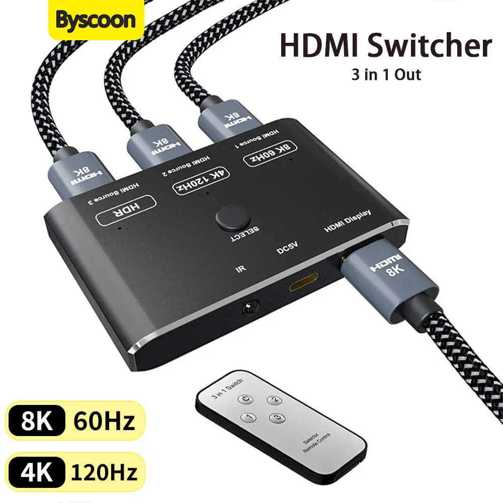 HDMI 2.1 3 in 1 output Splitter 8K@60Hz 4K@120Hz with directional HDMI switcher with PS5 Xbox TV monitor remote control