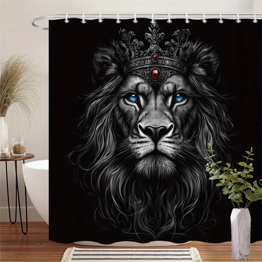1 Tenda da doccia Royal Lion con occhi azzurri e corona argentata - Sfondo nero ultra realistico, design drammatico lavabile in lavatrice