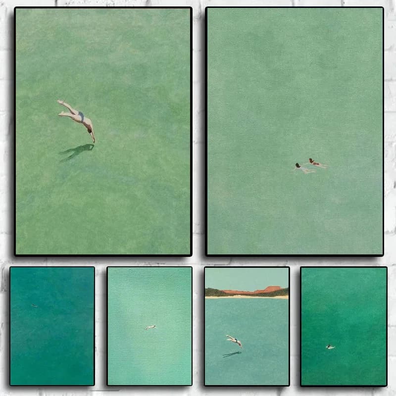 Swiming Into The Sea Green Ocean Poster Vintage Green Minimalist Landscape Sea Holiday Canvas Painting Wall Art Room Home Dec