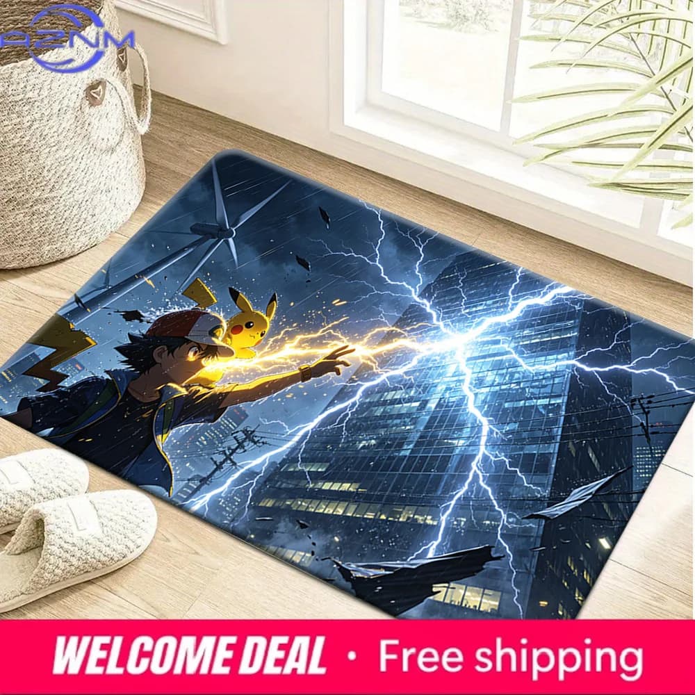 Ash Ketchum and Pikachu City Lightning Print Non-Slip Doormat Soft Floor Mat