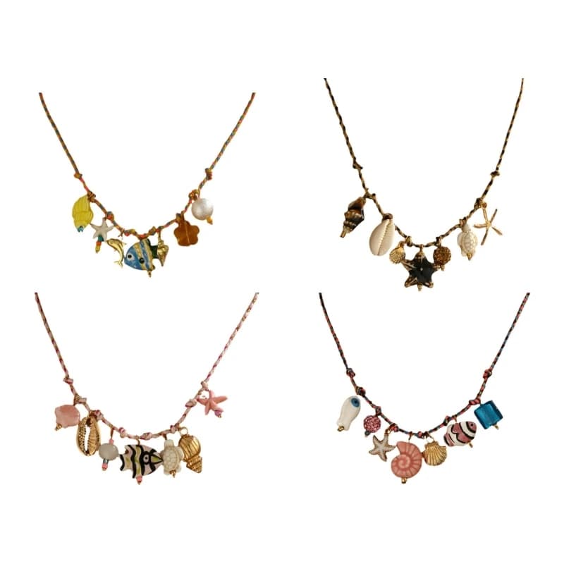 195C Beach Themed Necklace Braided Cord Coastal Clavicle Chain With Ceramic Marine for Summer Daily Styling and Beach