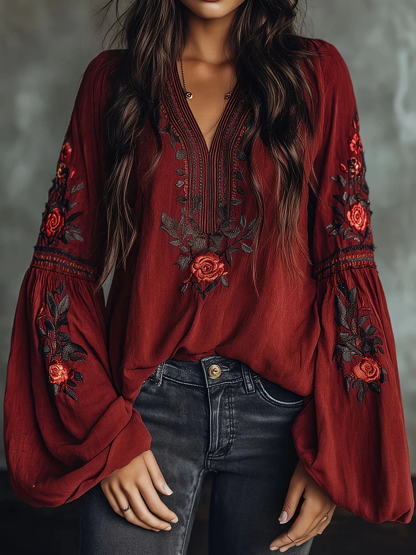 Women's spring shirt, retro shirt with embroidered lantern sleeves, V-neck, versatile, casual, for holidays, big size