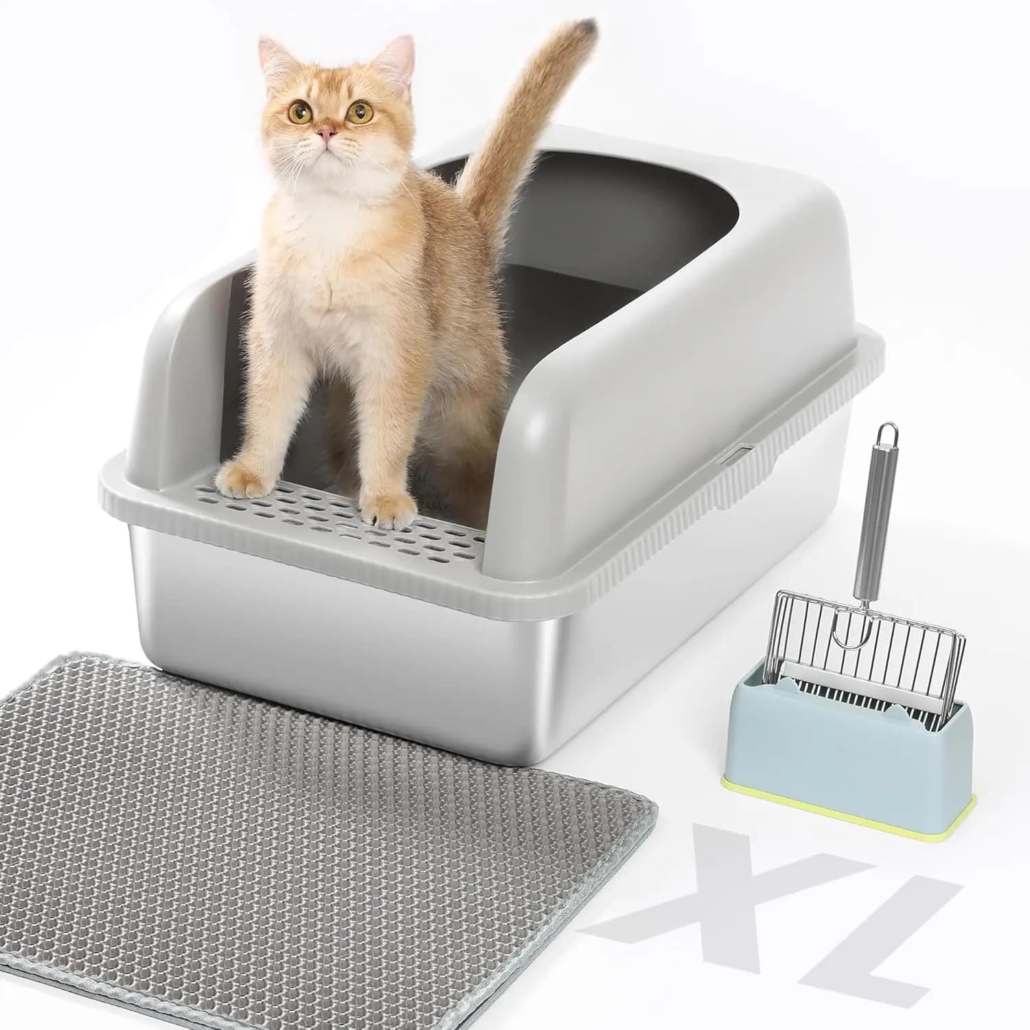 Lettiera per Gatti Extra Large in Acciaio Inossidabile con Coperchio, Paletta e Tappetino - Bordi Alti per Evitare Schizzi, Resistente agli Odori