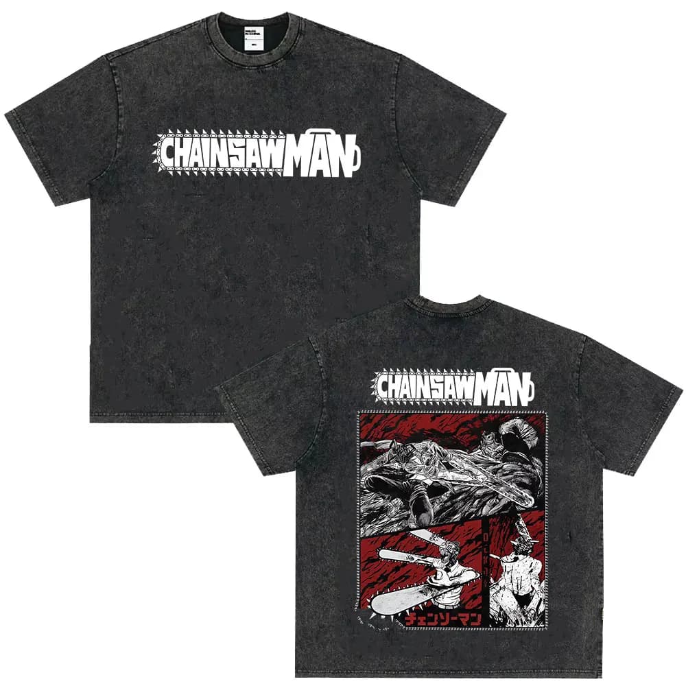 Limited Chainsaw Man Double Sided Print T Shirts Japanese Anime Vintage Washed Men's Women T-shirts Casual Short Sleeve T-Shirt