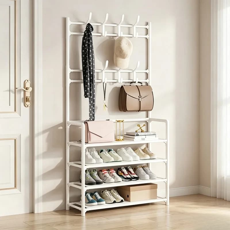Multifunctional Floor Clothes & Shoe Hat Storage Rack, Standing Hanger Organizer Shelf for Bedroom Household Storage