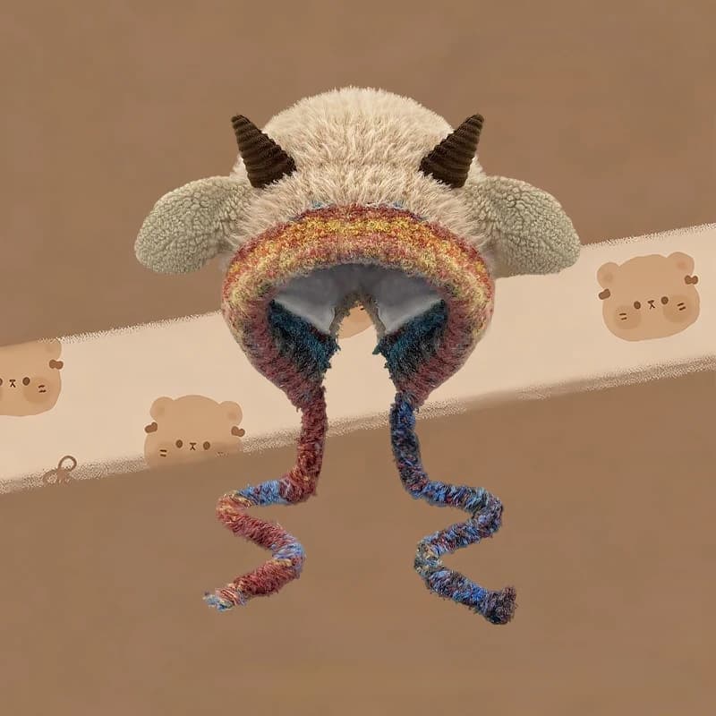 Kawaii Sweet Harejuku Kniied Hat Women Fluffy Sheep Horns Ear Decoration Caps Korean Y2K Sweet Autumn Cute Hat Keep Warm Beanie