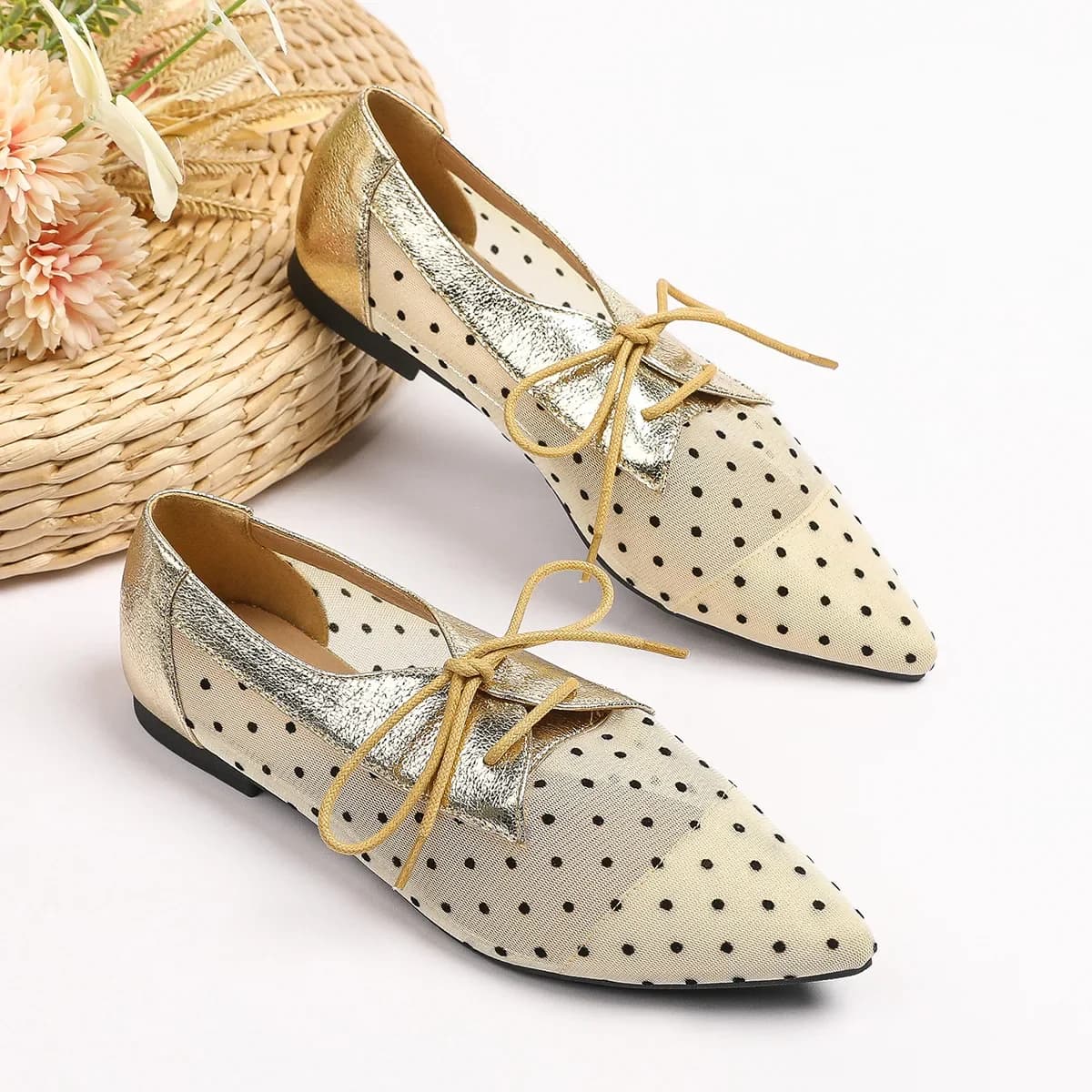 Women's Pointed Mesh Lace-Up Flats - Polka Dot Breathable Sandals, Size 35-45