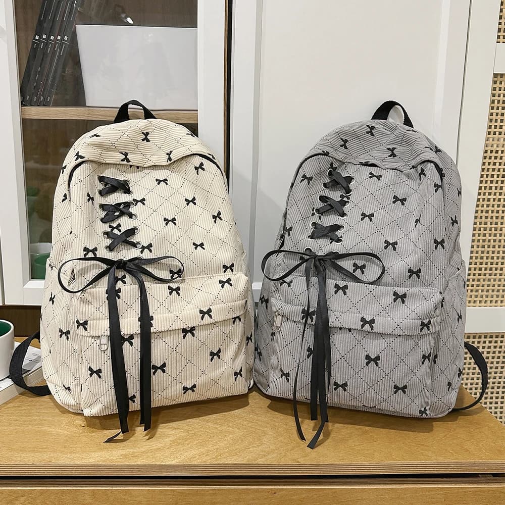 Leisure Backpack Spring and Summer Corduroy Bow Backpack Large Capacity College Style Backpack Commuting Backpack