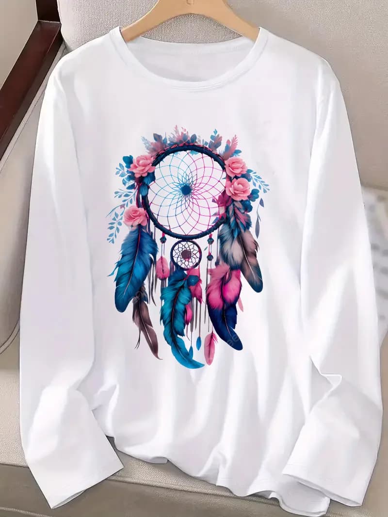 Feather Dreamcatcher Printed Long Sleeve Shirt Funny T Shirt Women's Print T-Shirt Crew Neck Top Tee Tshirt Casual
