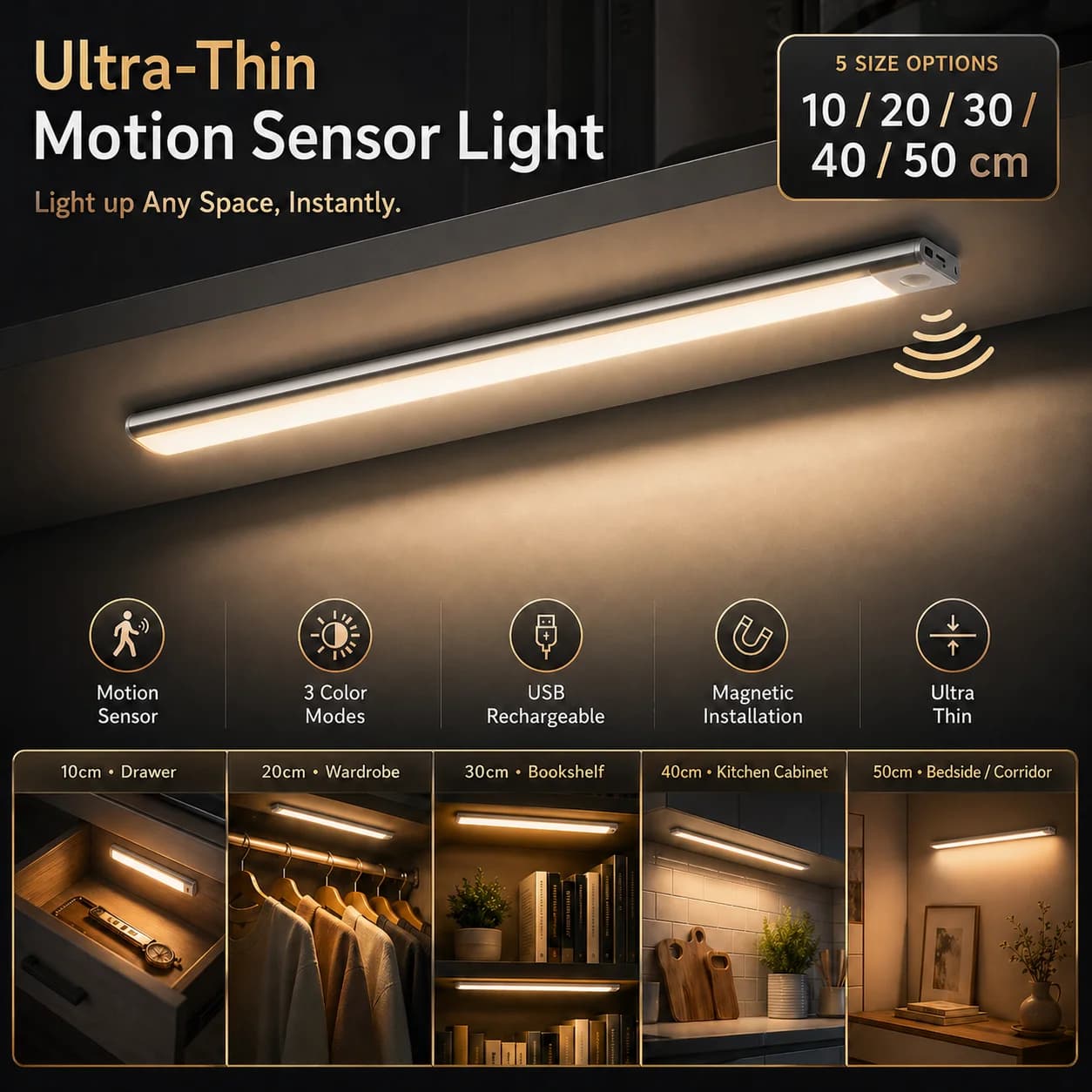 LED Cabinet Light USB Type-C Led lamp with rechargeable motion sensor for kitchen cabinet lighting 20cm/30cm/40cm/50cm/60cm