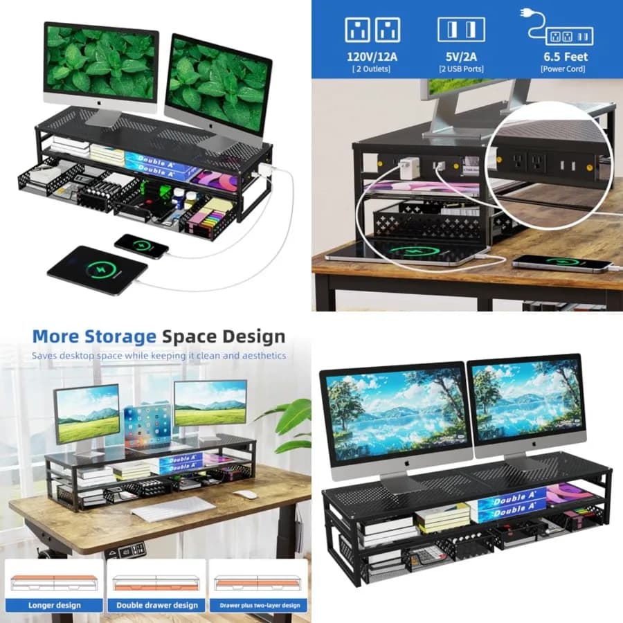 Supporto per Monitor in Metallo a 2 Livelli con USB 2.0 e Porta di Ricarica, Organizzatore da Scrivania per 2 Monitor