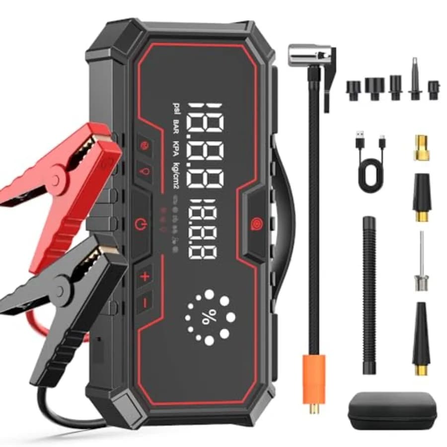 Avviatore di Emergenza con Compressore d'Aria 5000A, Avviatore Portatile per Benzina 9L/Diesel 8L con Cavi di Avviamento e Compressore d'Aria