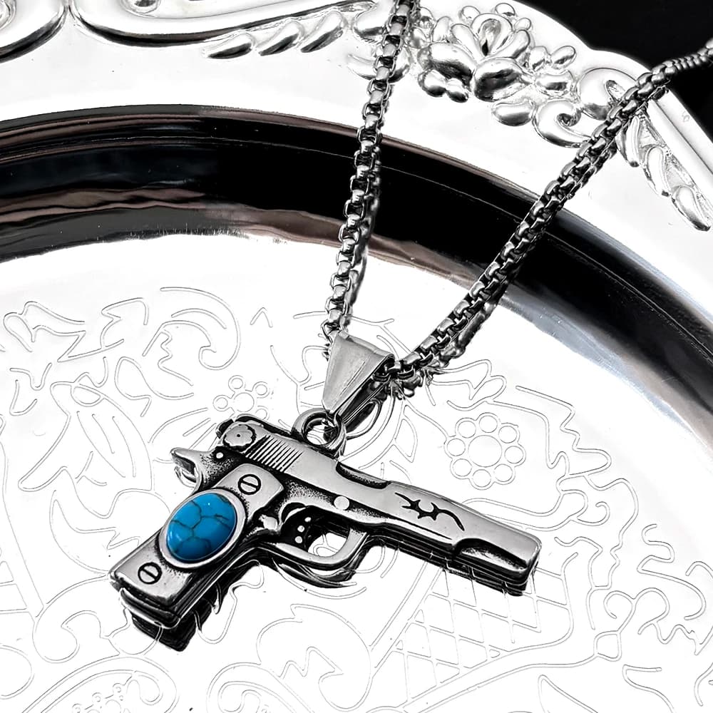 Collana Retor Dark Punk a Forma di Pistola per Uomo e Donna, in Acciaio Inossidabile Color Argento con Turchese, Gioiello da Festa Hip-Hop