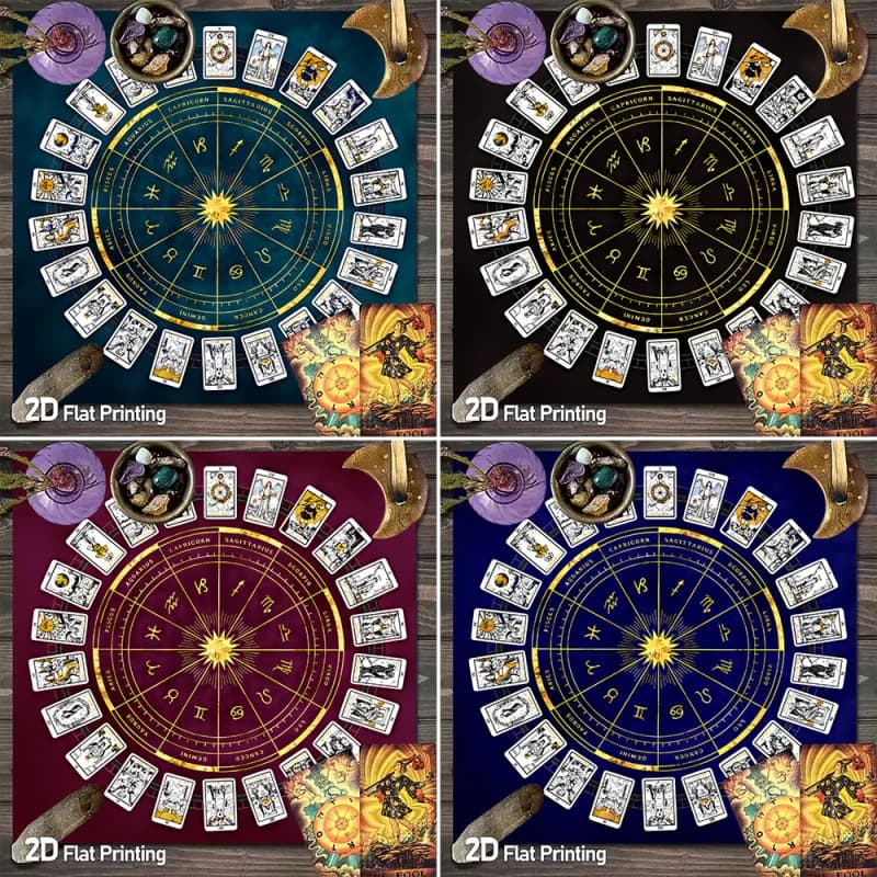 Tappeto Altare con Ruota Zodiacale Nera e Oro per Tarocchi, Ruota Astrologica, Tappetino per Divinazione Annuale della Fortuna