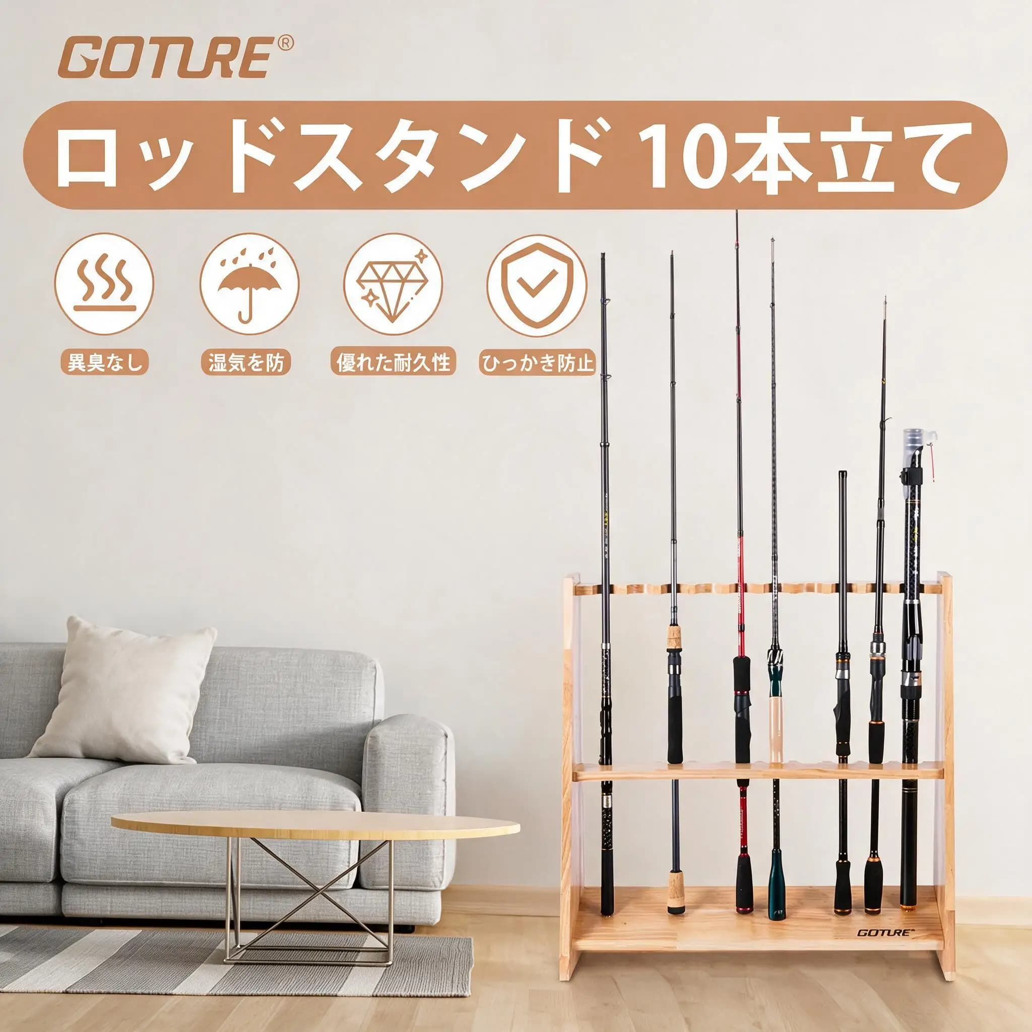 Goture Wooden Fishing Rod Holders for Garage Fishing Pole Rack Hold up to 10 Rods Fishing Pole Holders Wooden Organizer