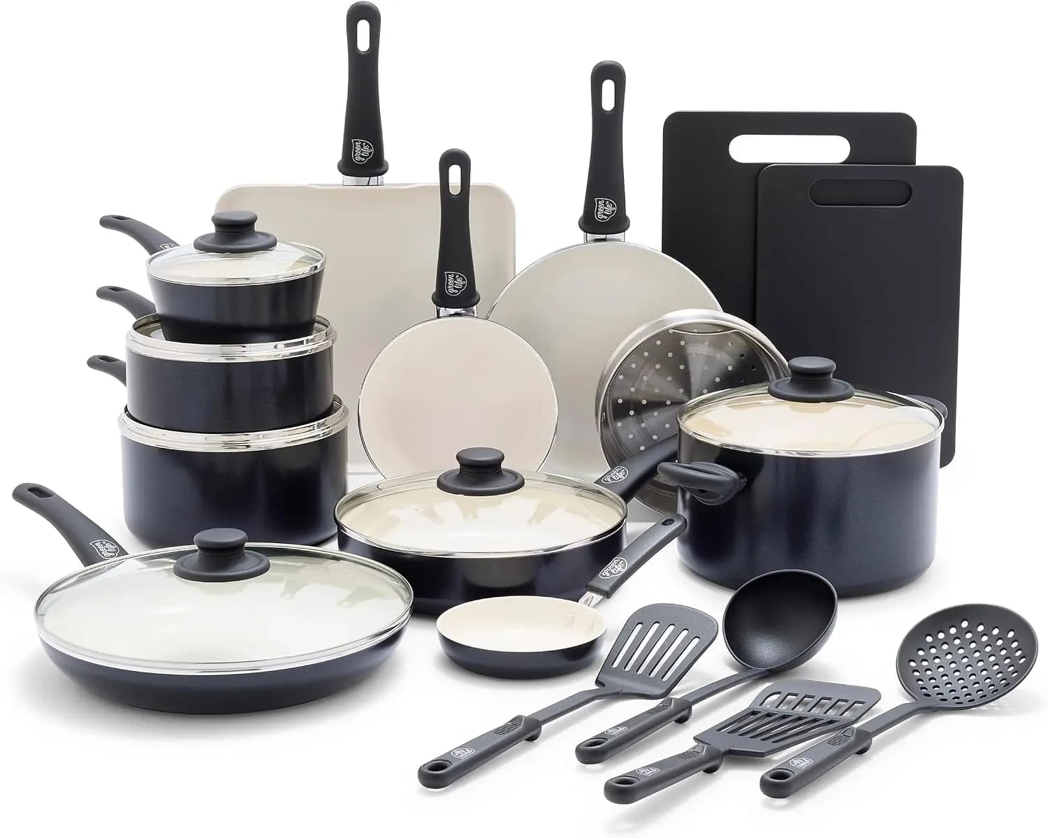 Soft Grip Healthy Ceramic Nonstick 23 Piece Kitchen Cookware Pots Frying Sauce Saute Pans Set Kitchen Utensils PFAS Free Dishwas
