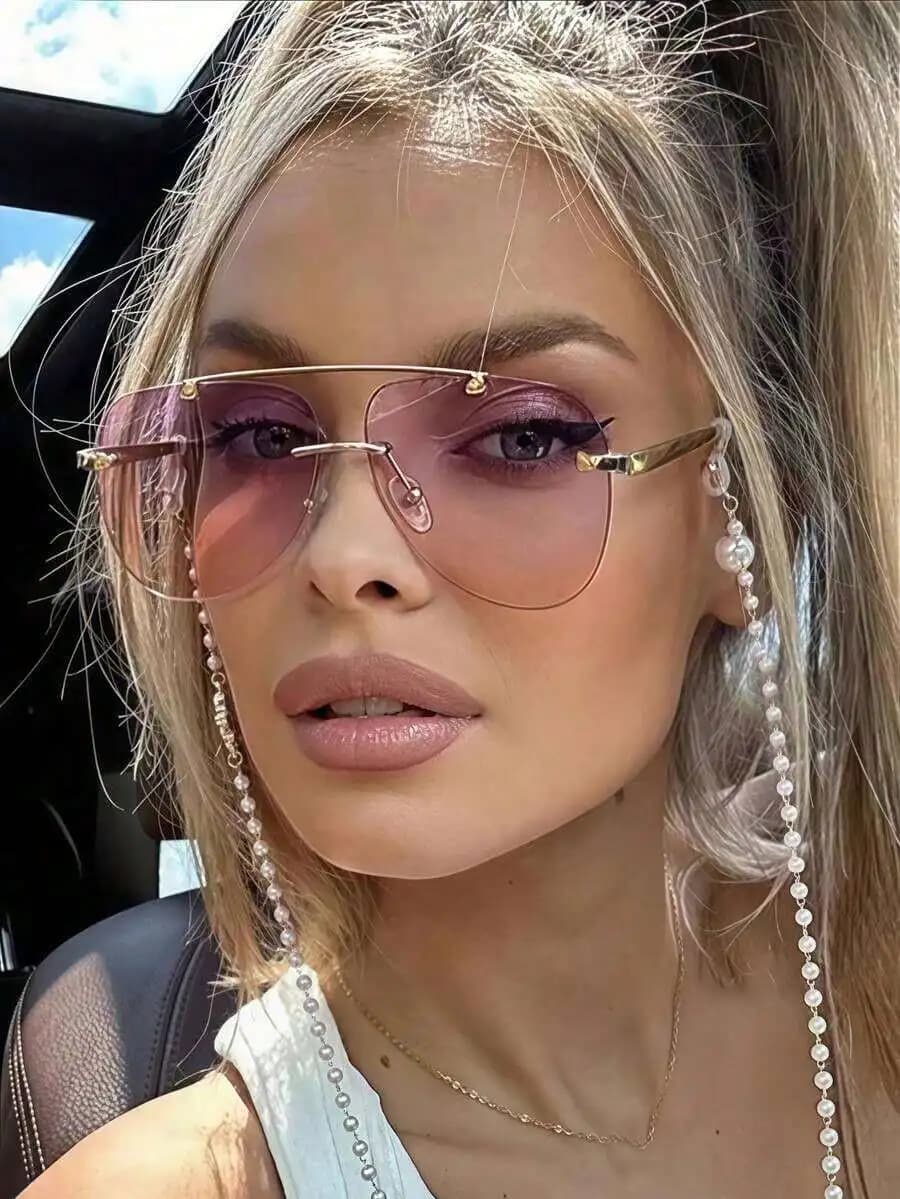 Frameless Aviator Sunglasses With Gradient Pink Purple Lenses Metal Double Beam Casual Fashion Women Eyewear