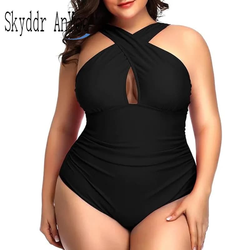 2024 Summer Women Plus Size Full Swimwear Front Cross Tummy Control Swimwear Sexy Black Swimwear without Backrest