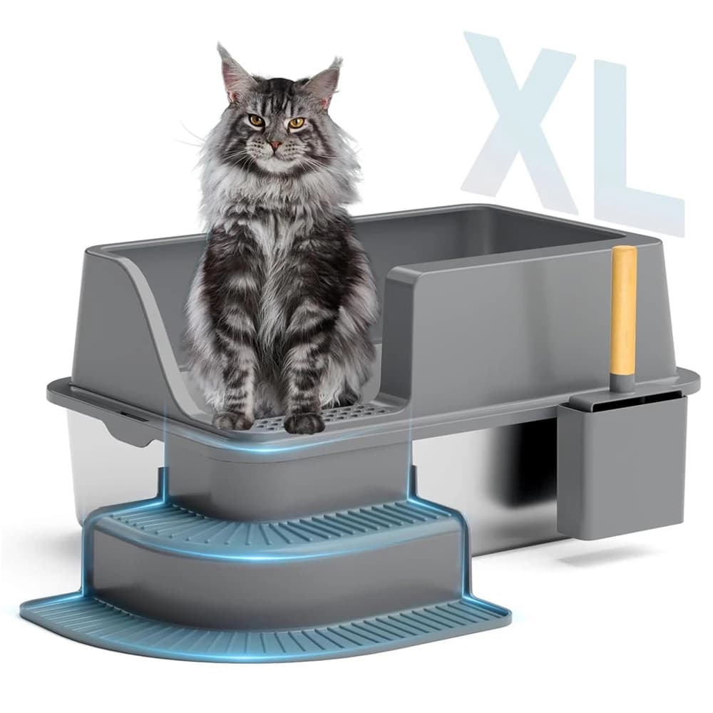 Lettiera per gatti semichiusa in acciaio inossidabile con coperchio, lettiera per gatti extra large con pala per gatti (adatta per gatti di grandi dimensioni) Vassoio per lettiera in metallo XL, parete alta chiusa su entrambi i lati, antiaderente e a prova di perdite, facile da pulire - Ideale per famiglie di grandi gatti, animali o più grandi