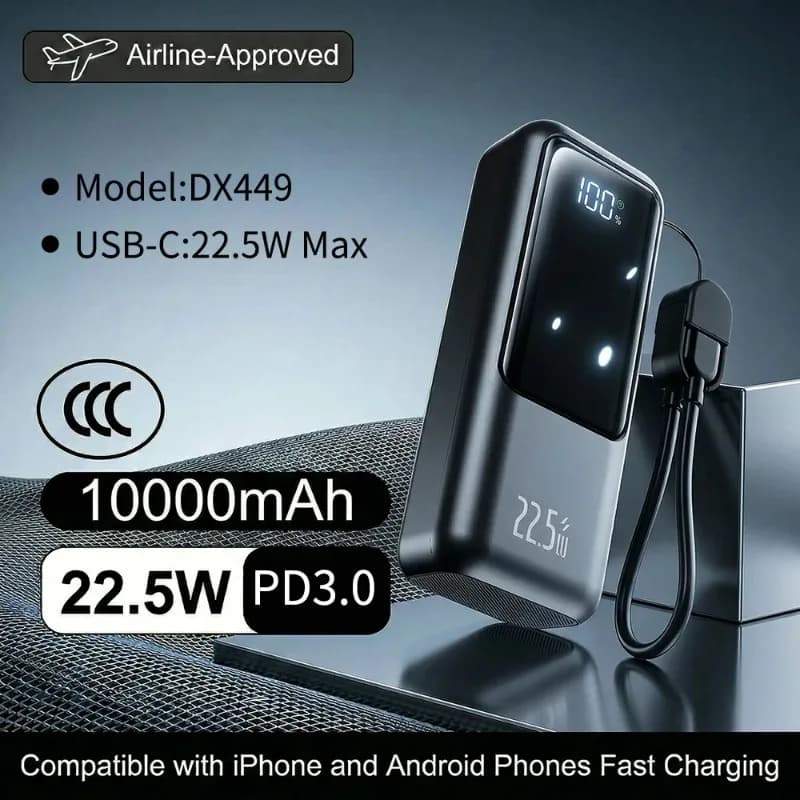 Power Bank 20000mAh 22.5W Ricarica Rapida Caricabatterie Portatile con Cavo Type-C Integrato PD QC3.0 Batteria Esterna per iPhone Samsung