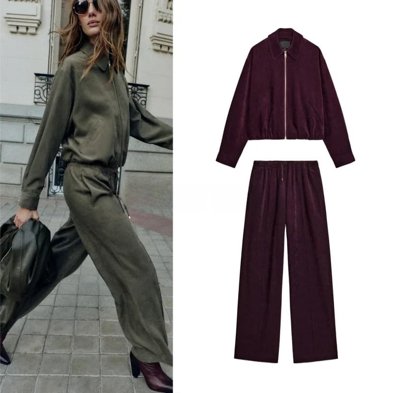 Zipper Long Sleeve Collared Fluffy Pilot Jacket 8372369 High Waist Wide Leg Pants 8372364 Fashionable Casual Winter Set for W...
