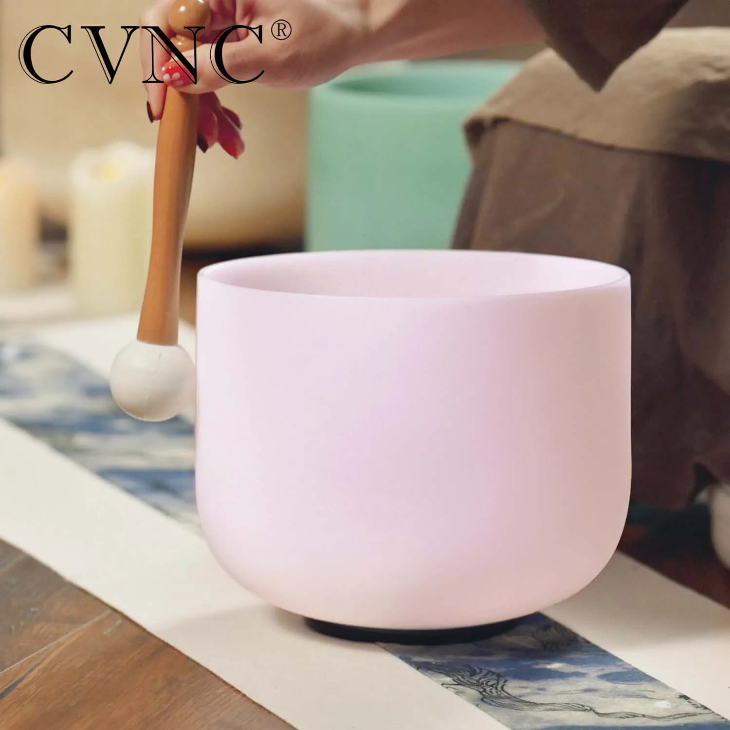 CVNC 14 Inch Pink Rose Quartz Gemstone Chakra Frosted Quartz Crystal Singing Bowl for Sound Healing and Meditation with Mallet