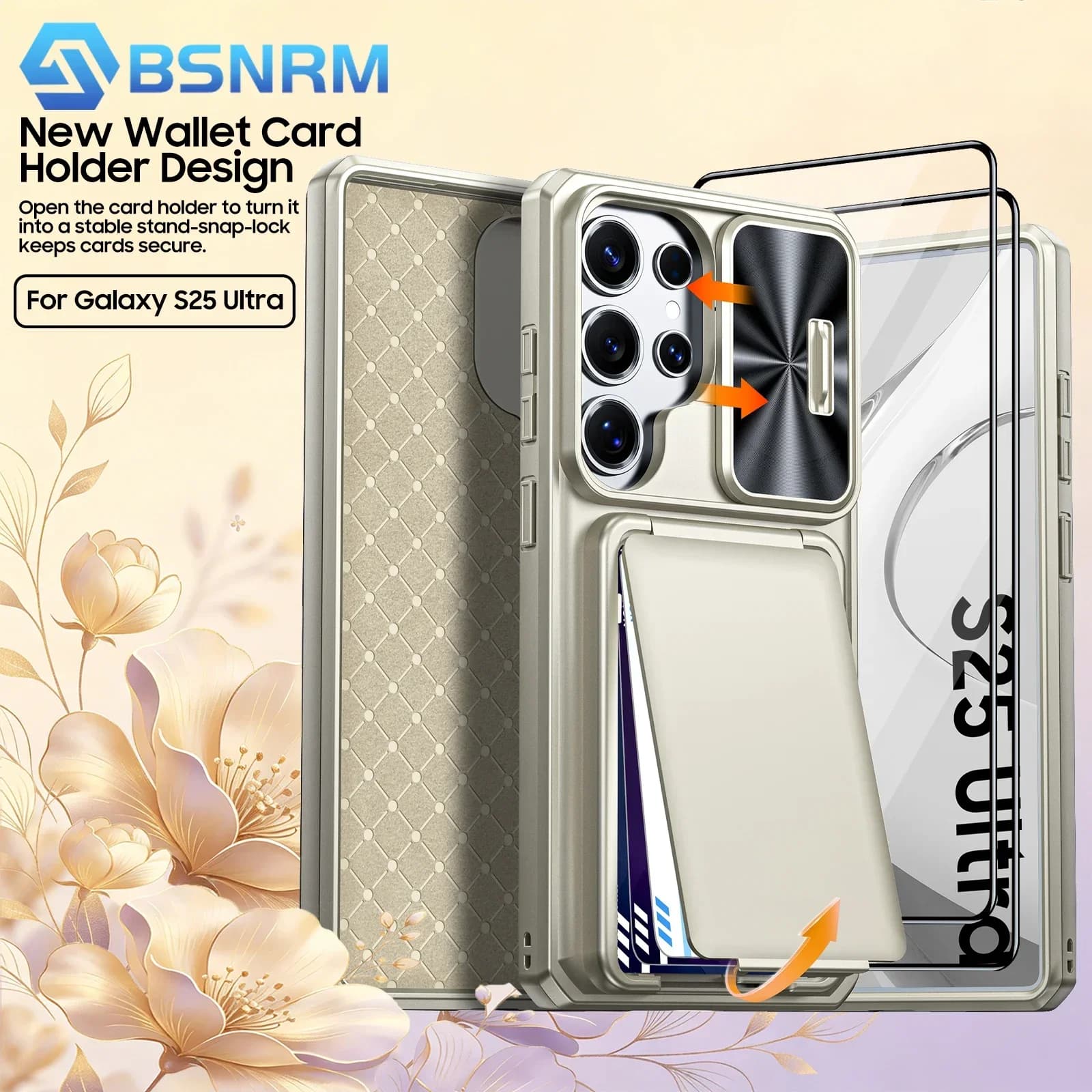 Custodia per Samsung Galaxy S25 Ultra con porta carte (schermatura RFID), copriobiettivo fotocamera, cavalletto, custodia robusta - Titanio