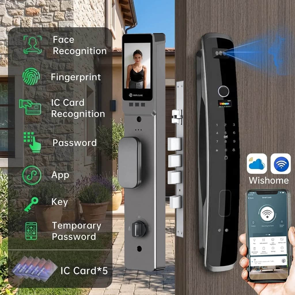 Serratura Intelligente Antifurto WisHome 3D Face 6068 con Corpo in Alluminio, Sblocco Remoto, Impronta Digitale, Scheda IC, Chiave, 9 Lingue, Sicurezza