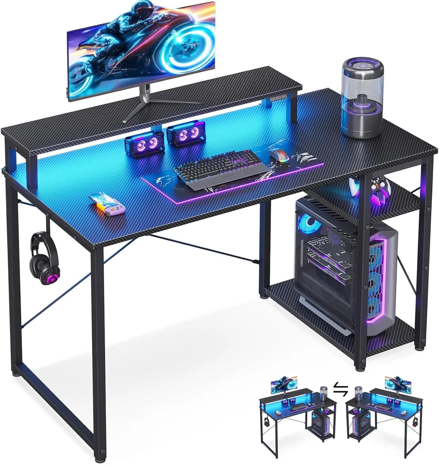 40 Inch Gaming Desk with LED Lights, Wall Mount and Monitor Support - Black Carbon Fiber Compact