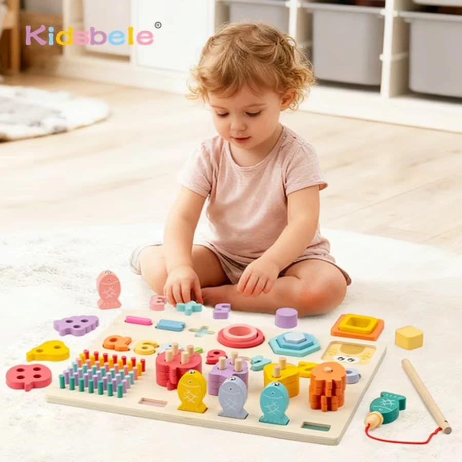 Montessori Forma di Legno Numero Corrispondenza Building Block Giocattoli 5 in 1 Colore Frutta Cognizione Giocattolo di Pesca Abilità Motoria Fine Gioco da Tavolo