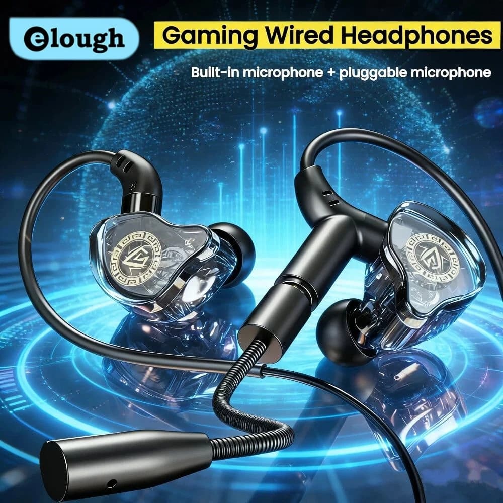 Gaming Elough Headphones, Portable Headphones with PUBG CSGO Microphone, Universal Case for Phone, Tablet and Laptop