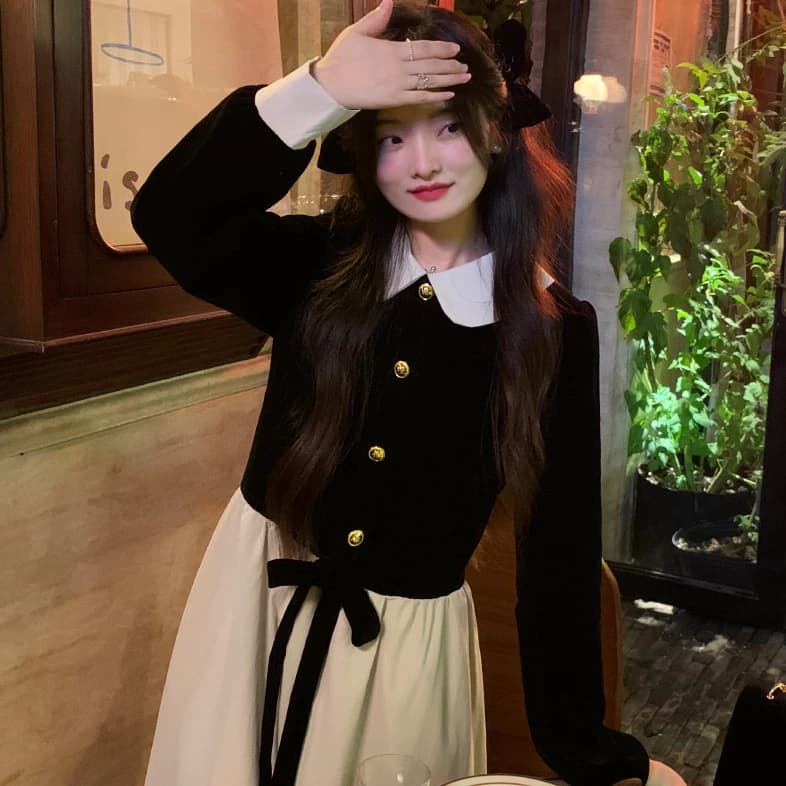Abito Midi in Velluto con Colletto a Bambola Stile Rich Girl, Finto Due Pezzi a Maniche Lunghe, Abito da Ragazza Stile Vintage per il Pendolarismo Urbano e Appuntamenti Casual