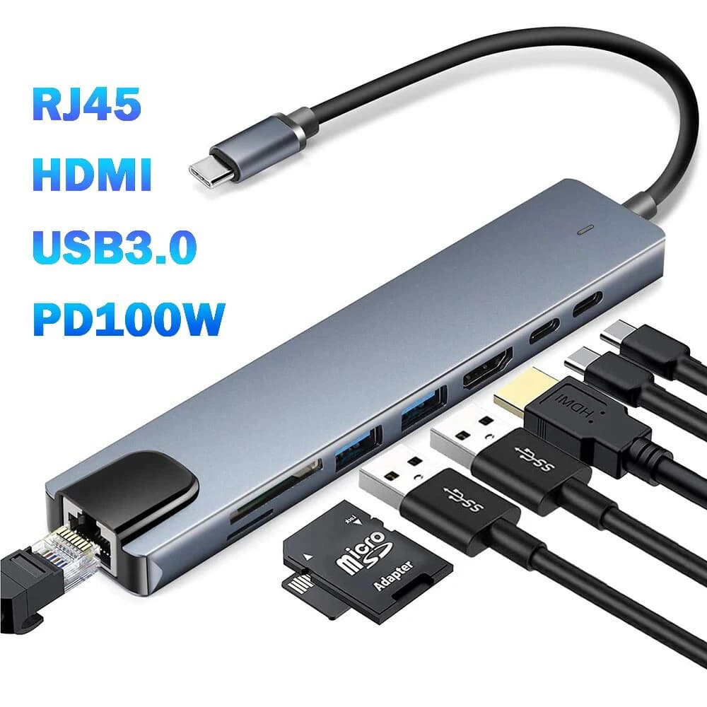 Docking Station USB C con Ricarica Rapida PD 100W, Estensore 4K 30Hz, Ethernet RJ45 100Mbps, Hub USB 3.0, Lettore Schede SD TF, Adattatore 8 in 1