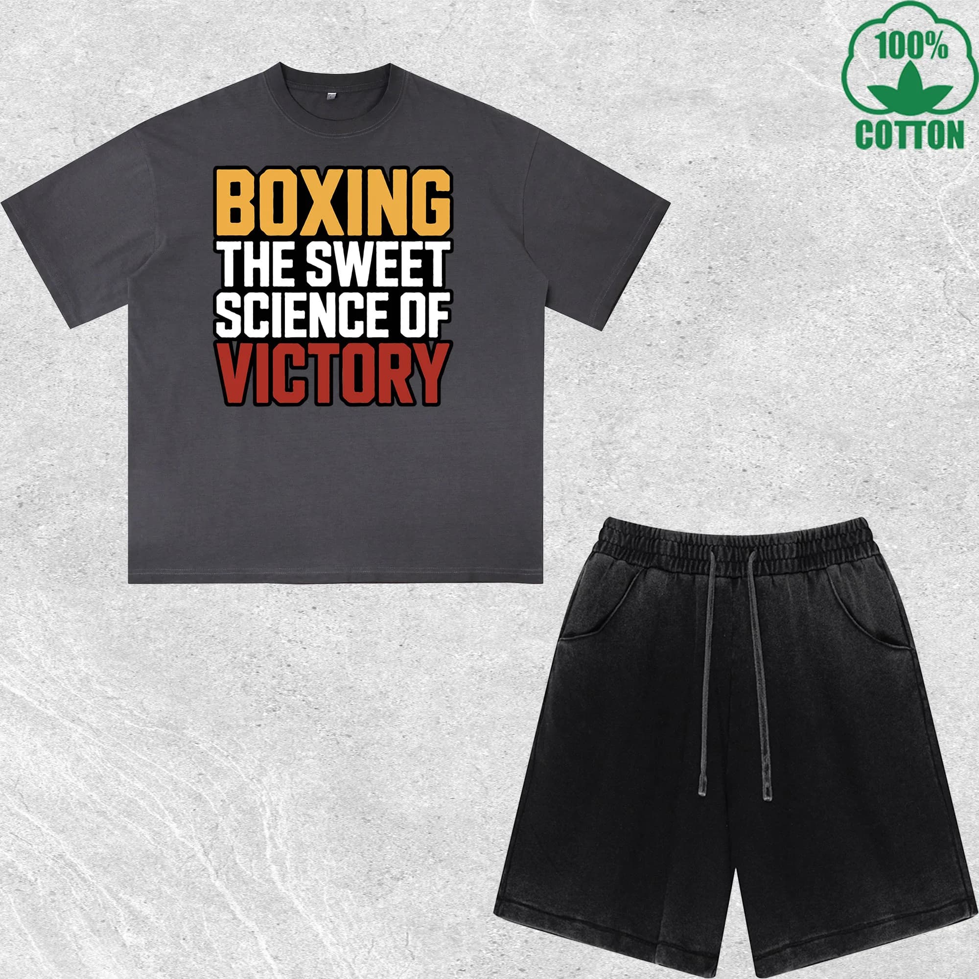 Set T-Shirt e Pantaloncini Stampati 'Science of Victory' in Cotone 100% Effetto Lavato, Multicolore, Stile Trendy e Comodo