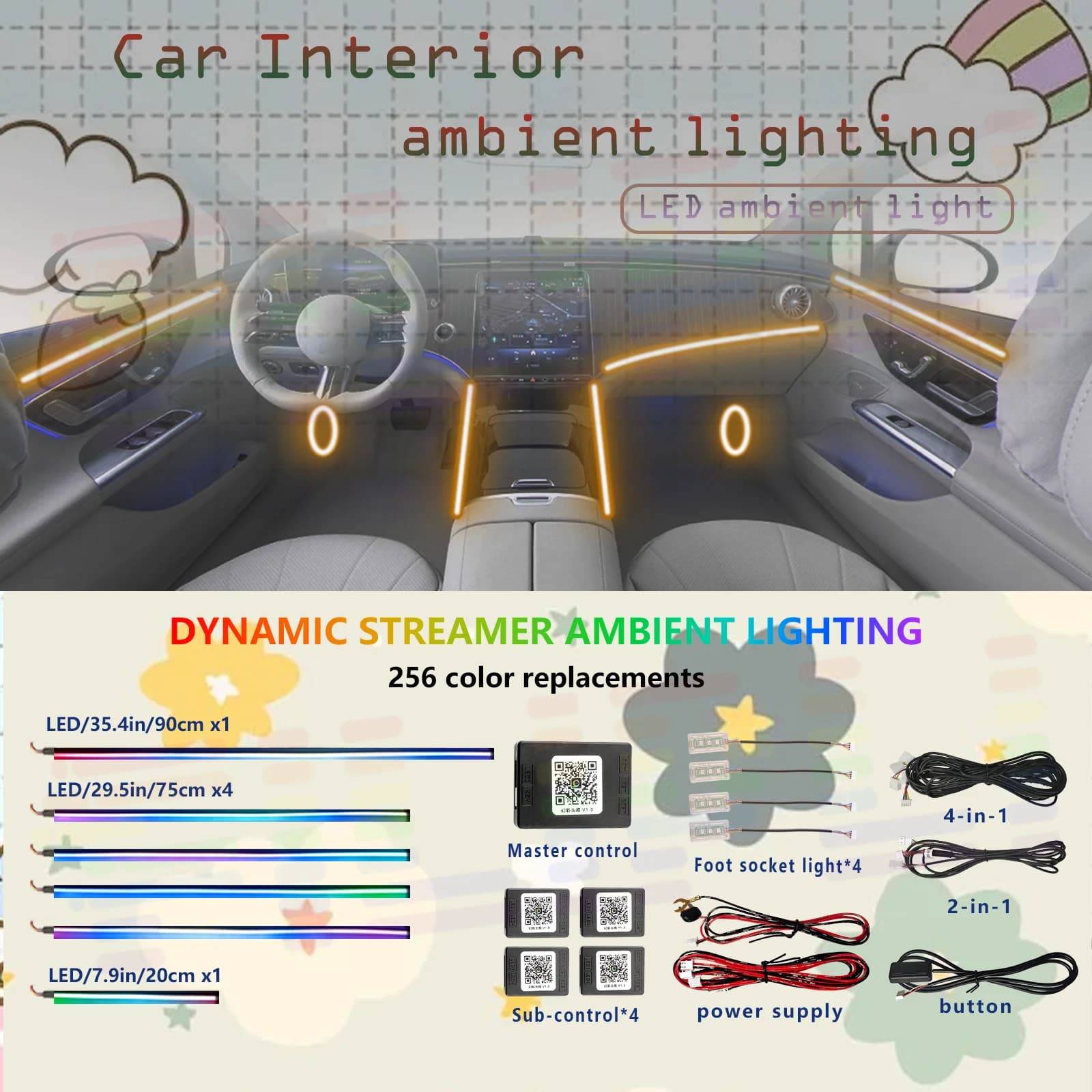 Luce interna ambientale per auto Symphony RGB a 64 colori - Lampada per atmosfera decorativa con luce di striscia a LED con guida acrilica con controllo APP