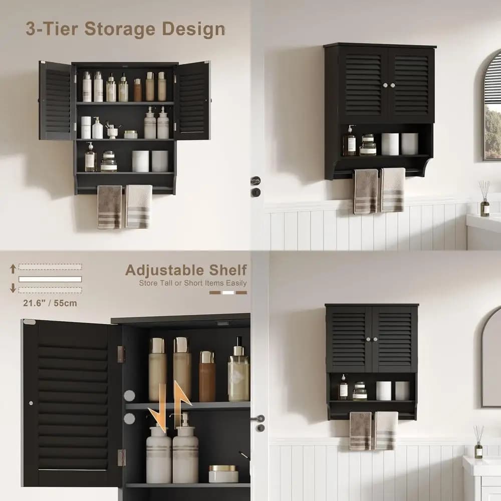 Mobiletto da bagno sopra il WC con portasciugamani, 23,6 L x 8,8 L x 29,5 A, Ampio spazio, Nero