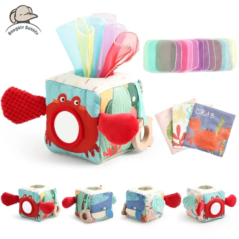 Giocattolo Montessori per bambini Scatola di fazzoletti magici in cotone Esercizio con le dita Gioco da tavolo occupato Granchio di cartone animato Gioco di sonaglio morbido Libro di stoffa per bambini Regalo