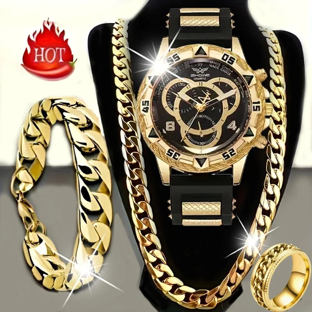 4‑Piece Luxury Men’s Watch and Jewelry Set, Includes Necklace, Bracelet, Ring & Minimalist Quartz Wristwatch